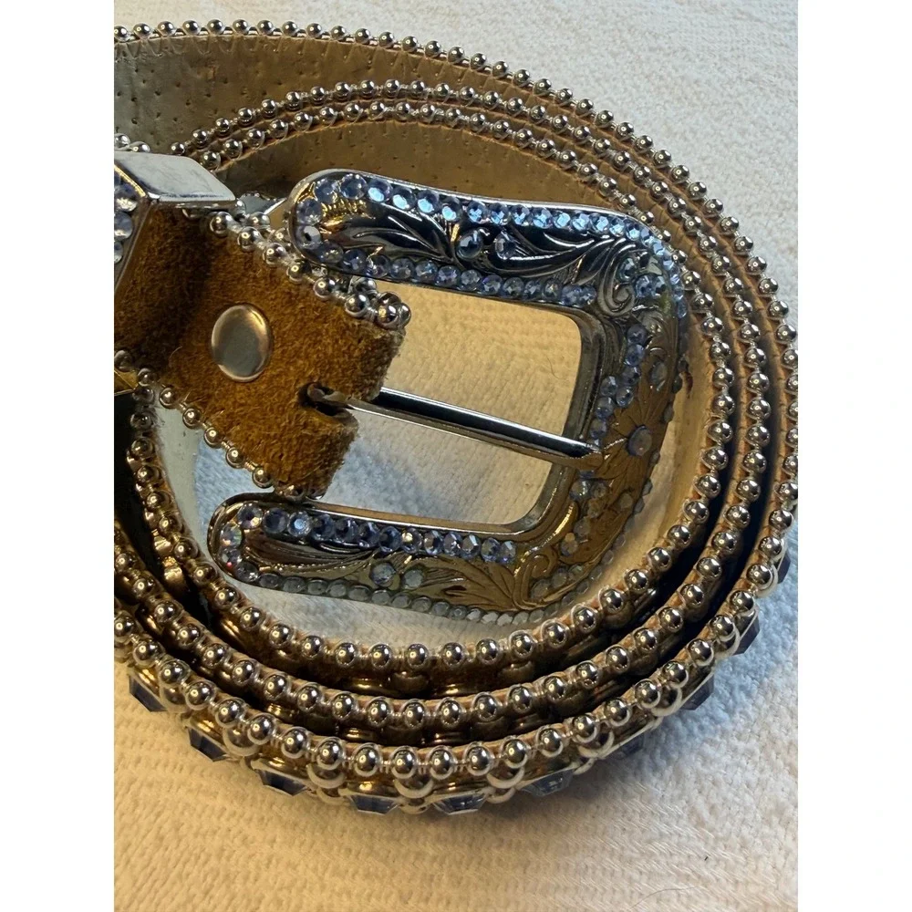 BB Simon Brown Suede Crystal Studded Western Belt Silver Buckle XXL‎ 1689 188